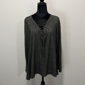 Absolutely Famous Sweater, Gray, V-neck with Tie, Flare Bottom Hem, Large